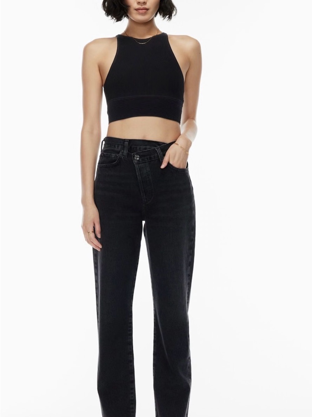AGOLDE High-Rise Criss Cross Jeans in Black. Size 28